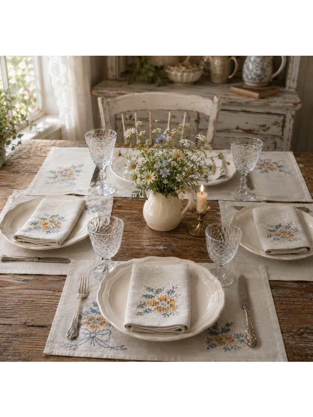 Vtg Hand Embroidered Floral Linen Placemats & Napkins Set Cottagecore Farmhouse